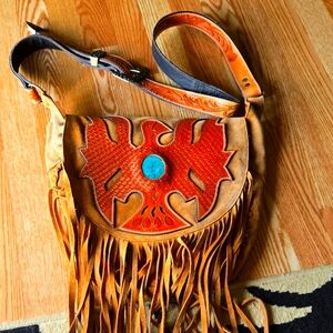 American Darling Suede And Hand Tooled Leather Bag With Large Turqouise Stone